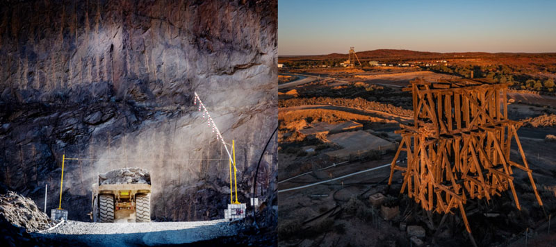 Recent photos of a truck at the underground portal and historic head frame with modern Great Fingall mine facilities in the background.