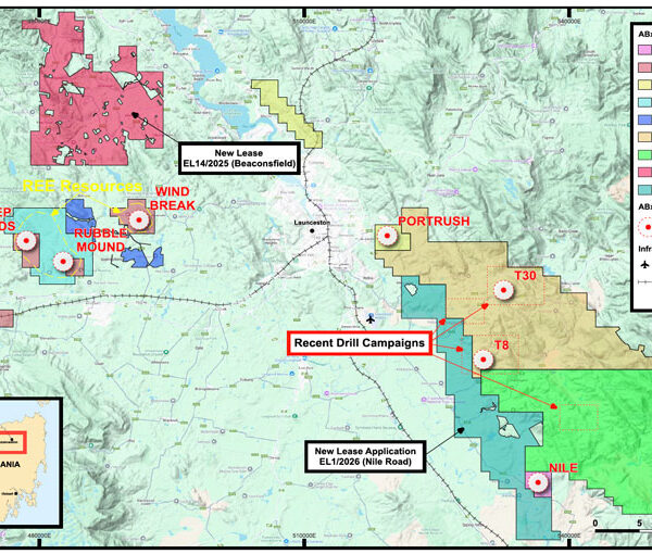 ABx tenements in northern Tasmania, showing new Lease EL14/2025, and application EL1/2026.