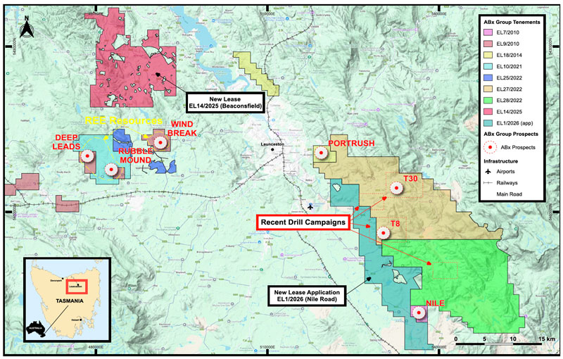 ABx tenements in northern Tasmania, showing new Lease EL14/2025, and application EL1/2026.
