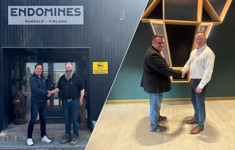 Robit Sales Director – Finland, Kimmo Kangas, seals the deals with Ari Keskitalo, mine manager, Endomines (left photo) and Mika Viinamäki, head of Mining Operations, Veljekset Toivanen (right photo). Photos: Robit